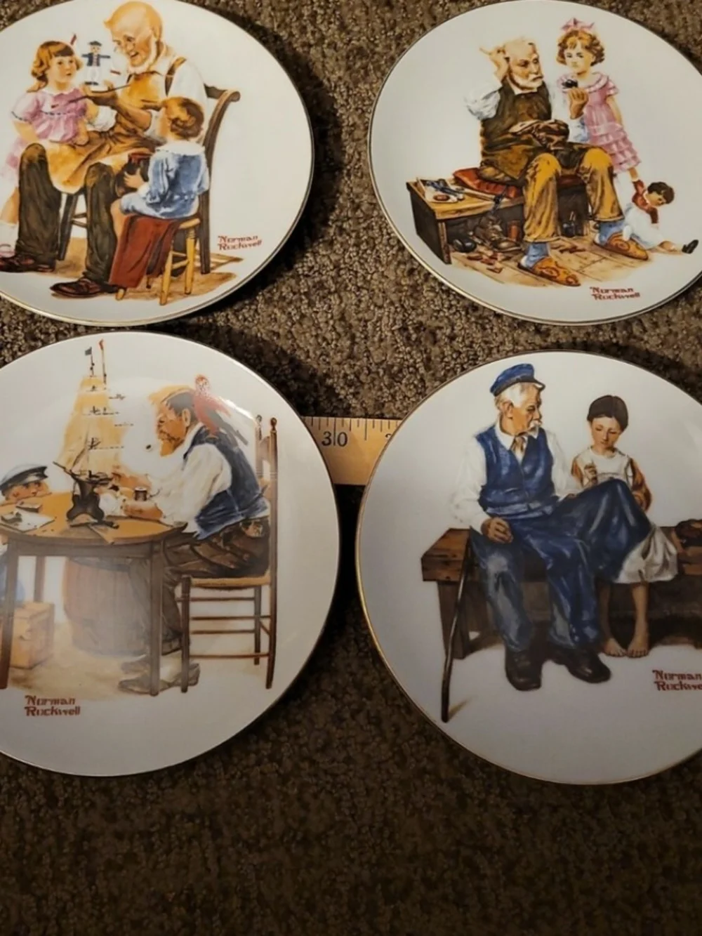 Norman Rockwell Decorative Collector Plates Set - White, Brown, Blue, Gold Trim